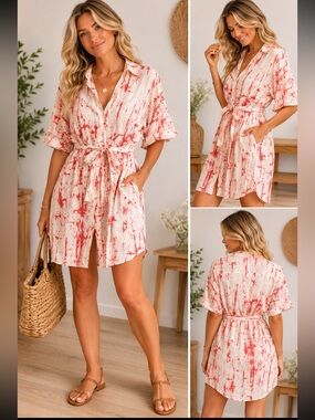 NWOT- STARK X, coral and White Puff Sleeve button down Midi Dress
